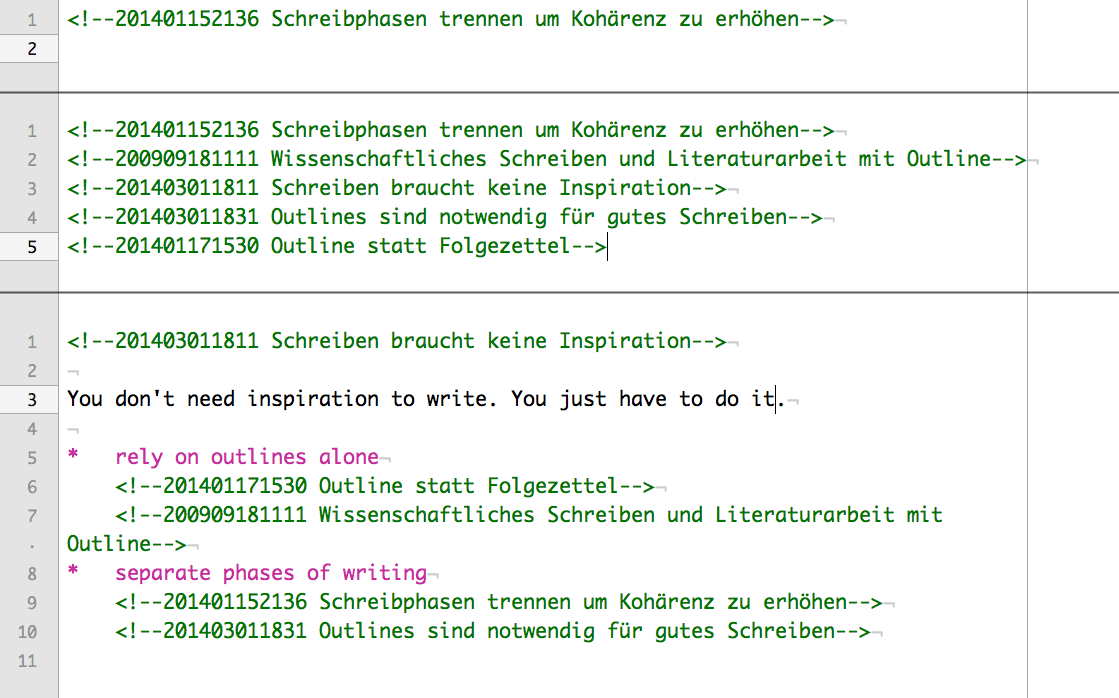 screenshot of 3 phases of Sascha's writing